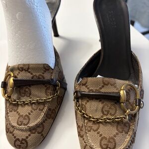 Gucci Brown GG Monogram Chain-Trim Mule Heels